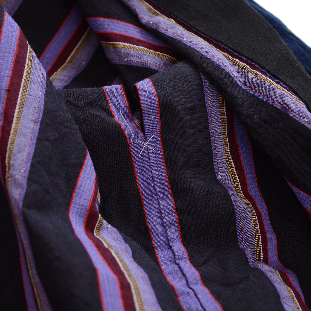 Japanese folk workwear jacket with striped pattern and indigo reverse side