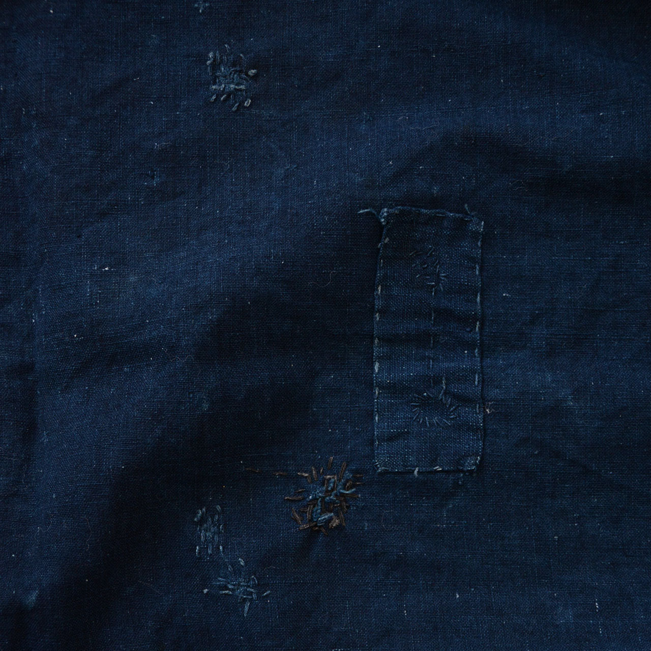 Faded indigo Japanese cloth with historical character and handmade repairs