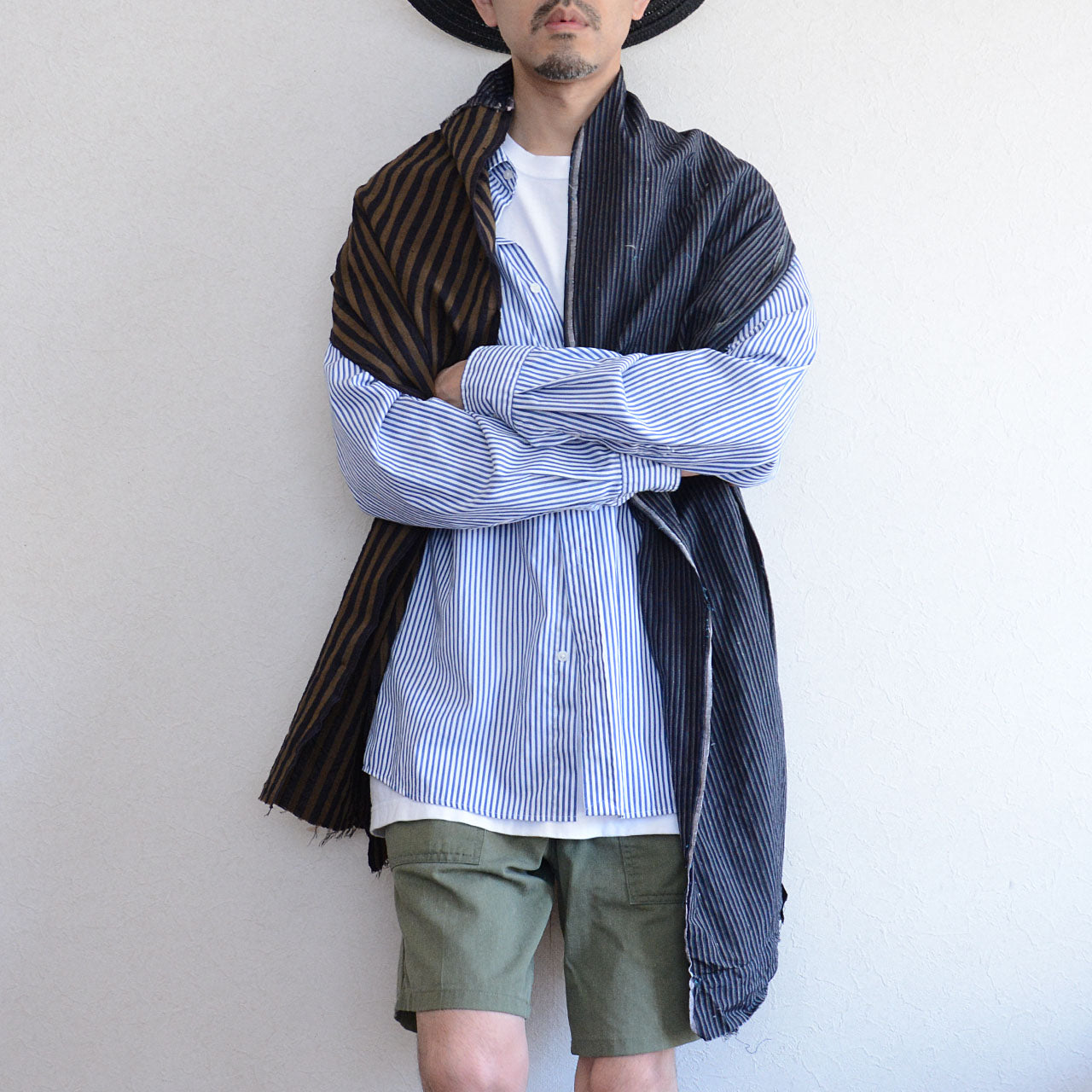Long Japanese cotton scarf with rustic hand-stitched details