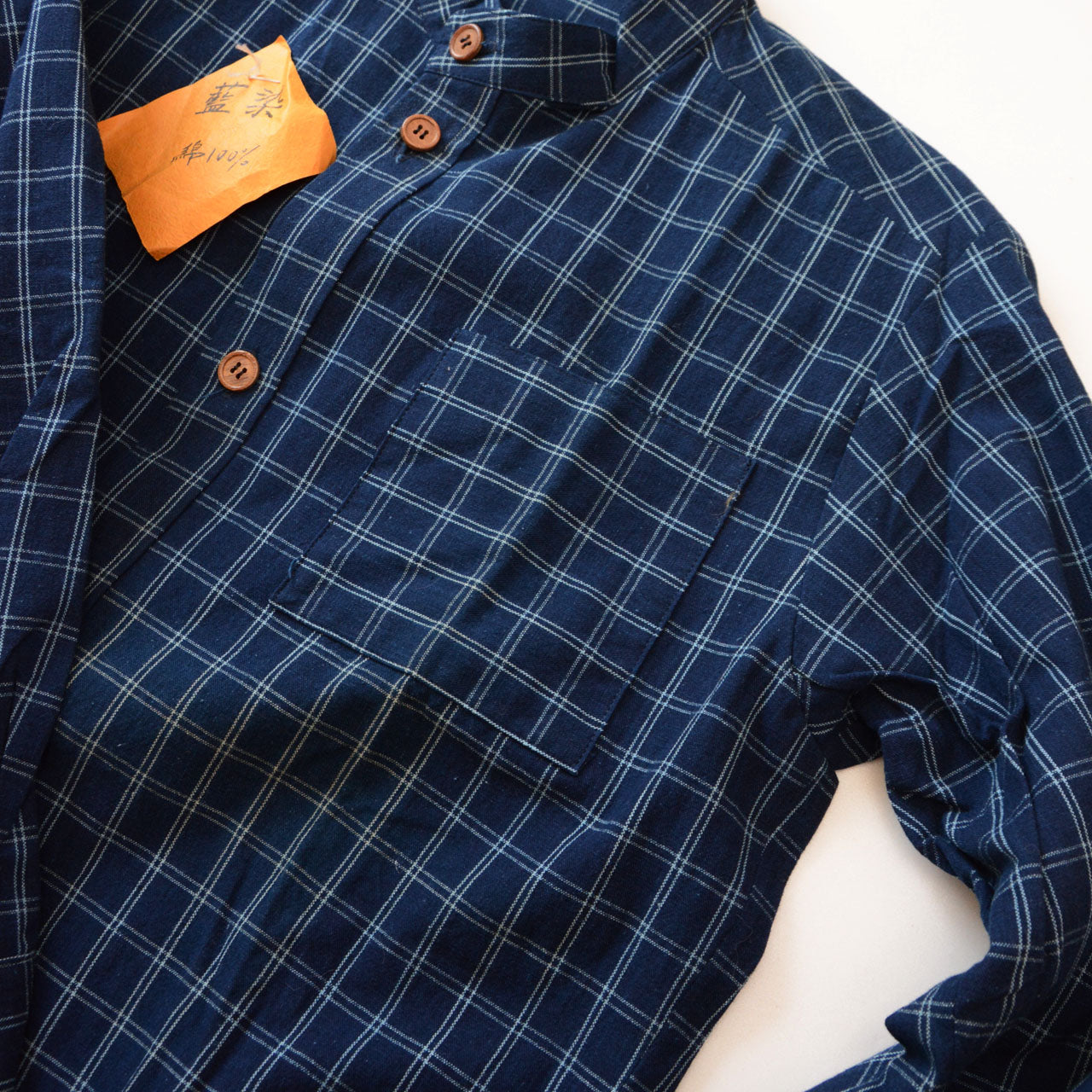 Japanese deadstock band collar shirt with handmade label