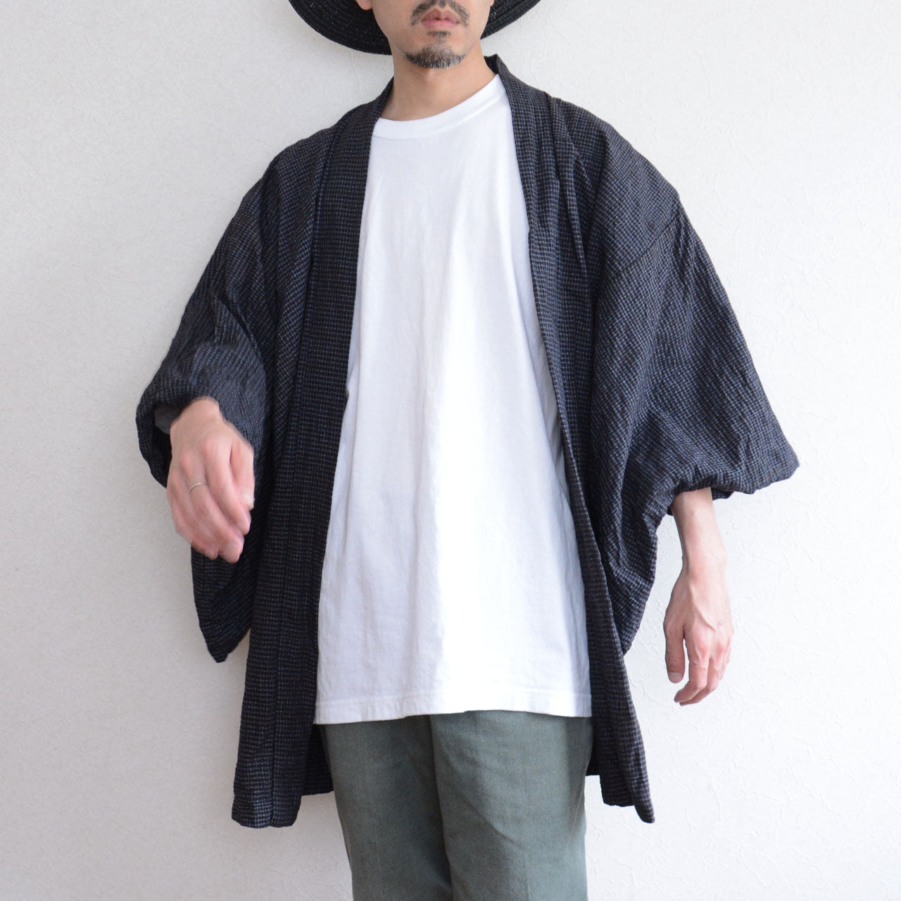 One-of-a-kind Japanese men's kimono jacket with townscape print lining