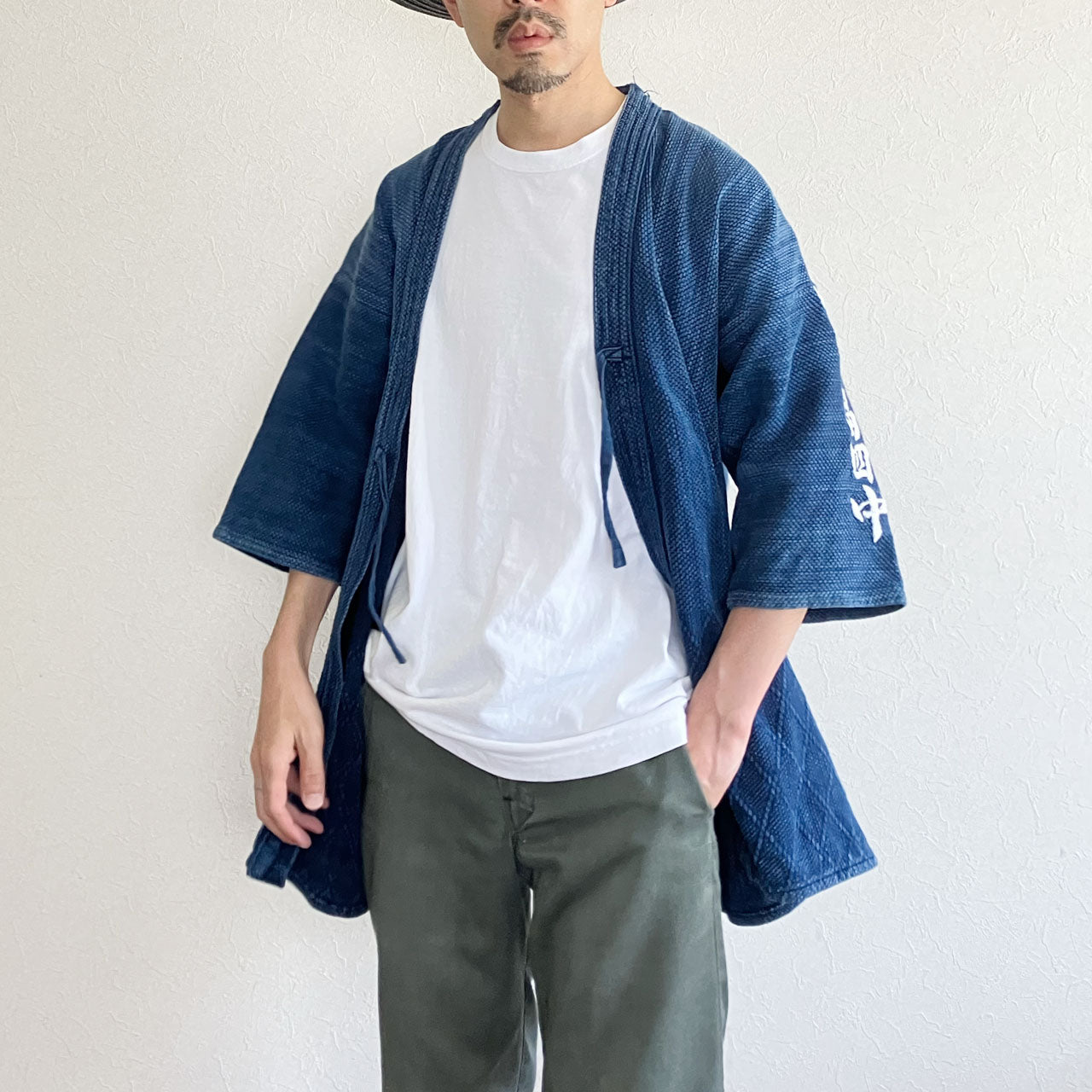 Japanese handmade sashiko jacket with bold sleeve embroidery details