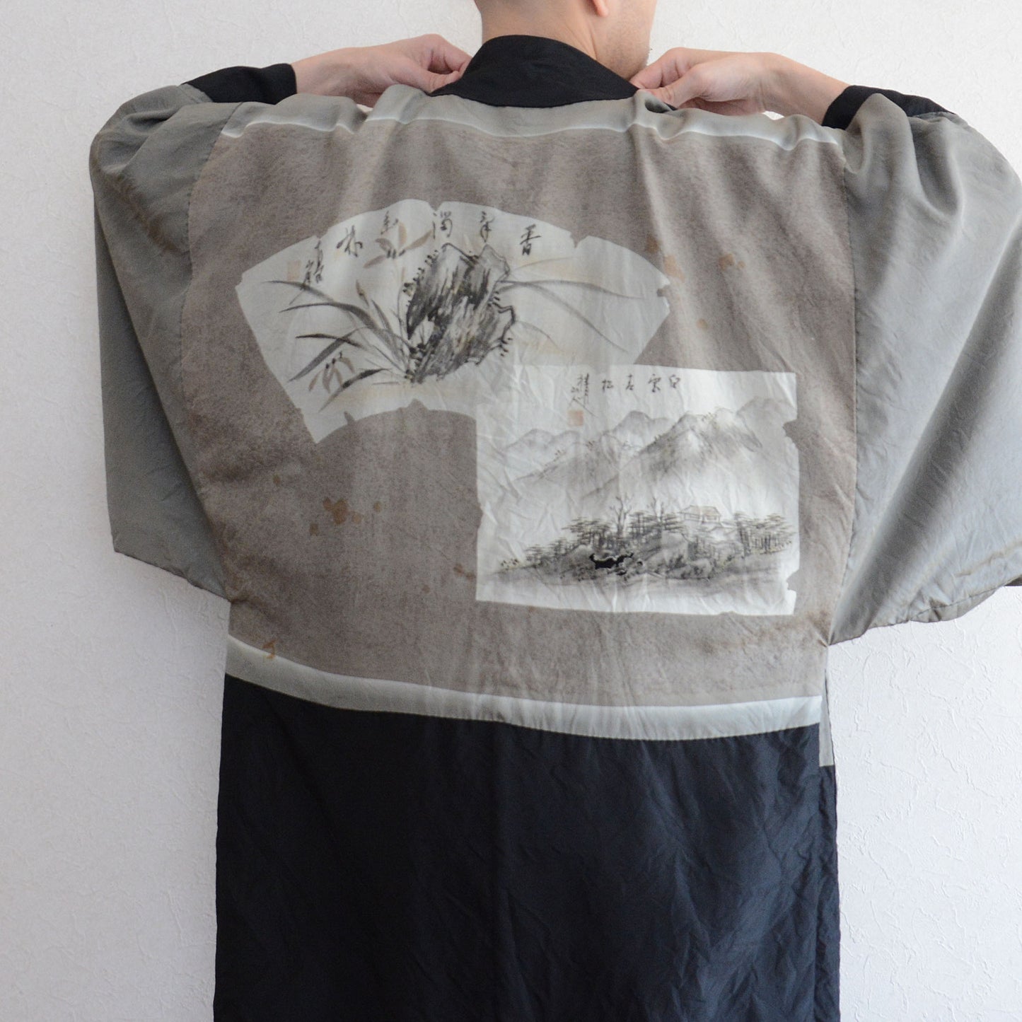 Black Haori Jacket Kimono Long Japanese Vintage Montsuki Nihonga Art