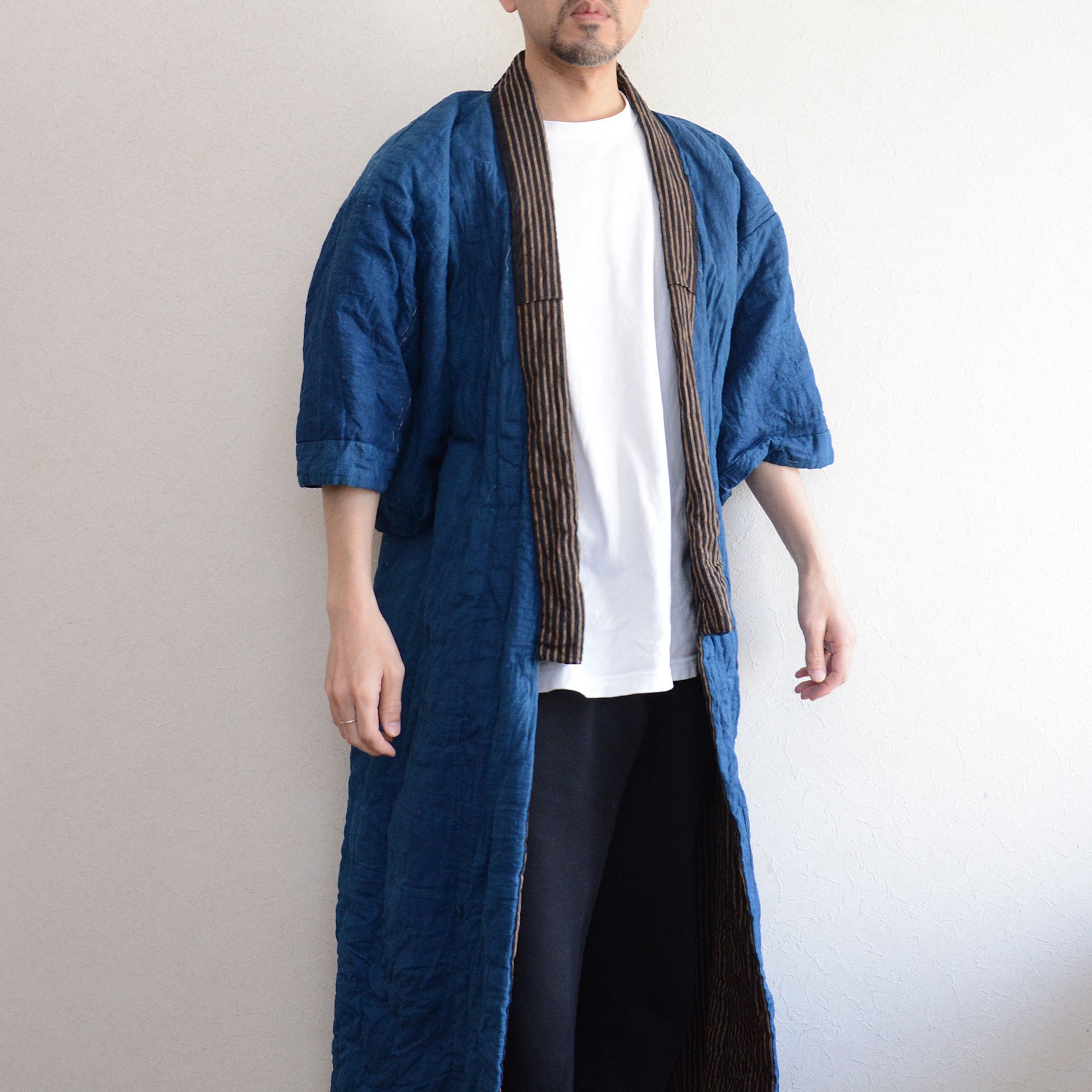 Durable vintage cotton hanten robe featuring traditional shima stripe textile design
