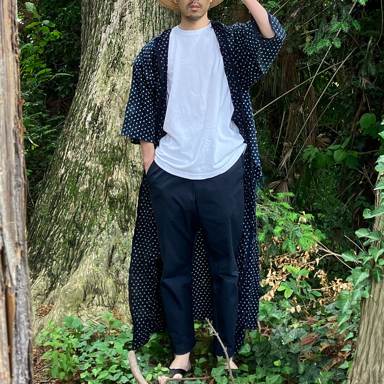 Weathered Japanese kimono with kasuri motifs throughout