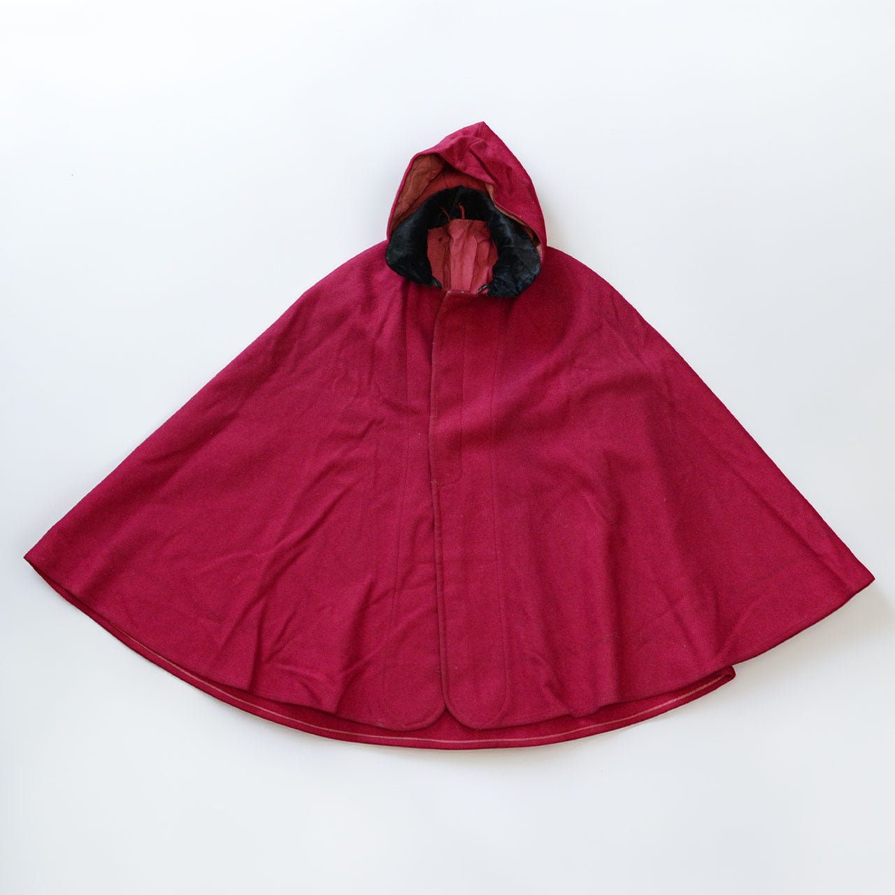 Japan vintage wool cape circa 1950s, deep burgundy, velvet collar, detachable hood, Taisho Roman influence.