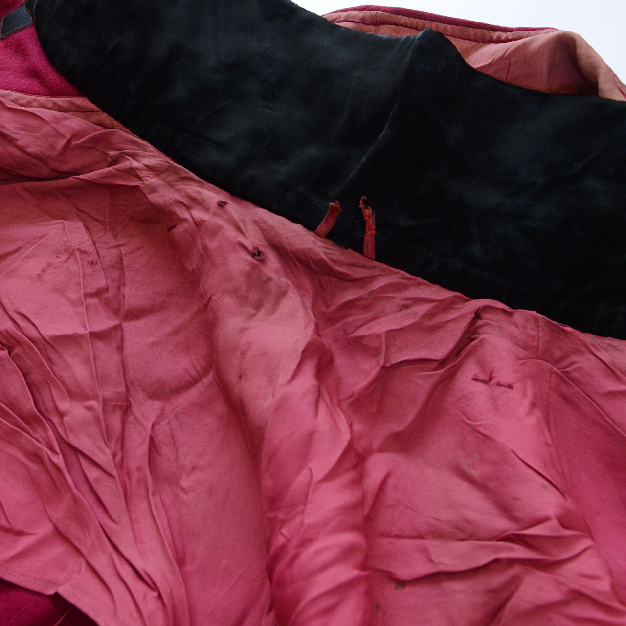 Vintage Japanese wool cape with detachable hood and velvet collar, burgundy, circa 1950s.