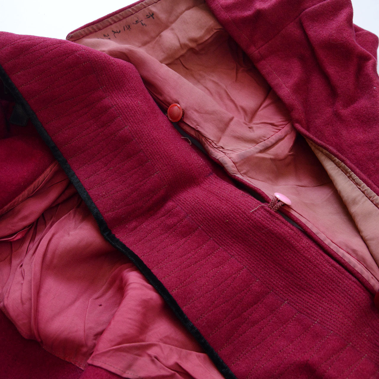 Japanese vintage outerwear, 1950s burgundy wool cape with velvet collar and removable hood, Showa era.