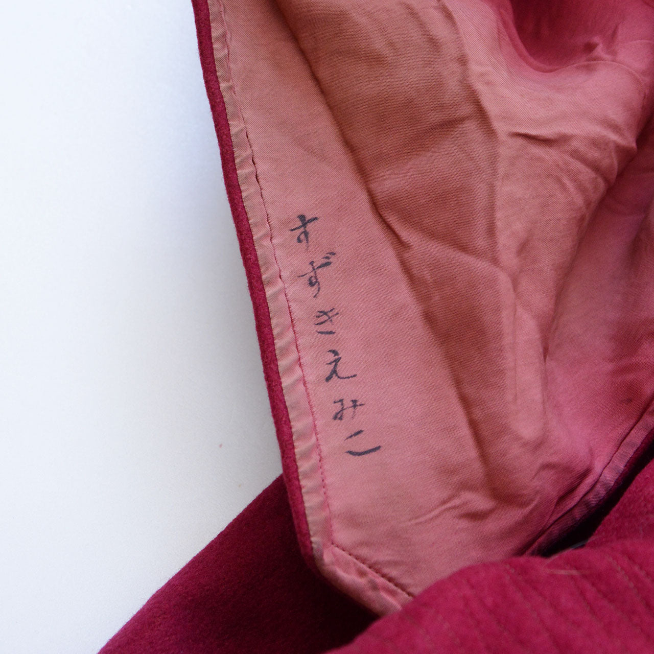 Rare 1950s Japanese vintage cape in burgundy wool, velvet collar, detachable hood, Showa Retro style.