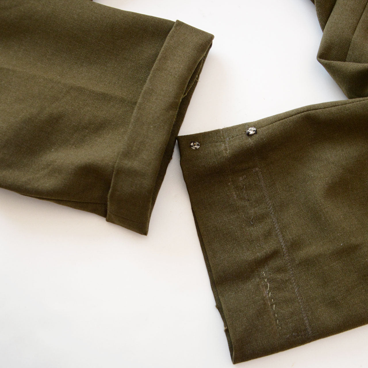 Handmade stitched name on postwar military pants