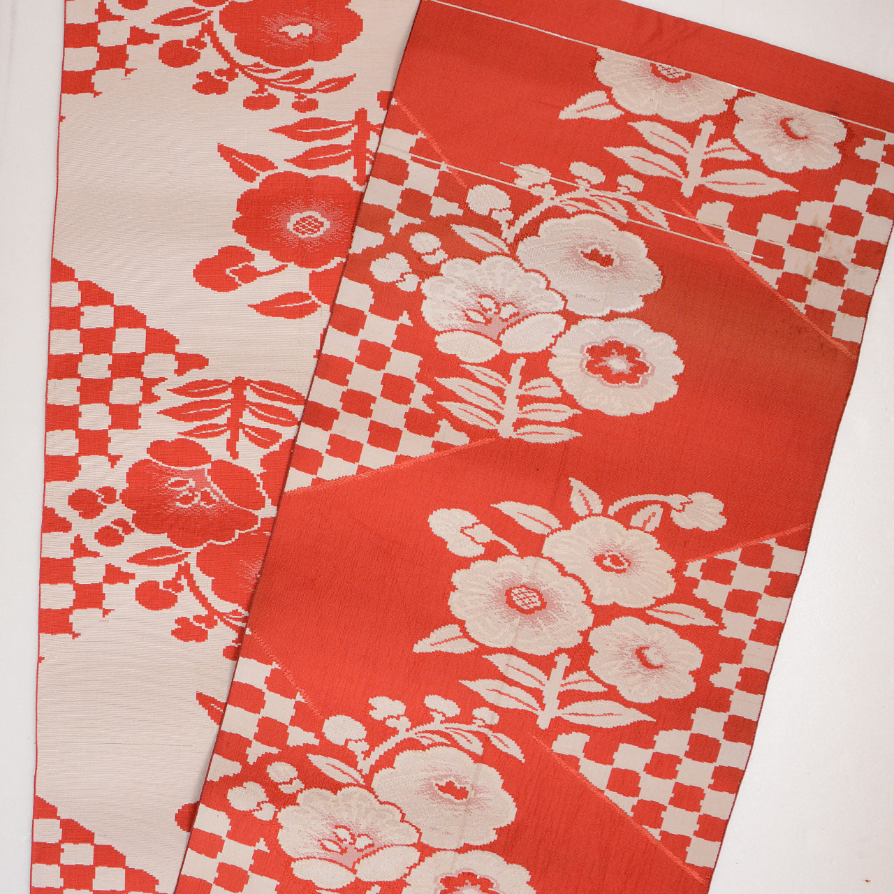 Vintage Japanese nagoya obi made of silk with floral and checkered pattern