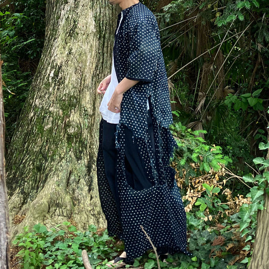Vintage Japanese boro kimono with indigo dye and Yukinko kasuri pattern
