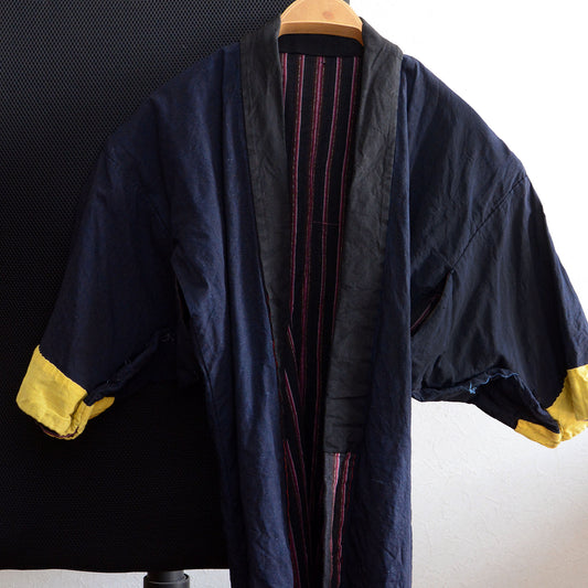 Noragi Haori Indigo Kimono Jacket Japanese Fabric Cotton Vintage Shima Stripe Pattern Antique Kimono