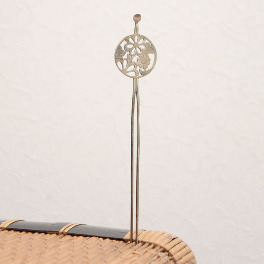 Vintage Japanese metal kanzashi hairpin with floral openwork design from the Showa era