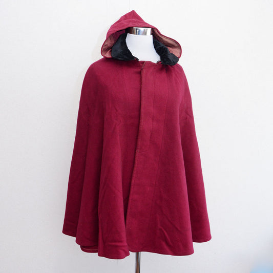 1950s Japanese vintage burgundy wool cape with velvet collar and detachable hood, mid-Showa era craftsmanship.