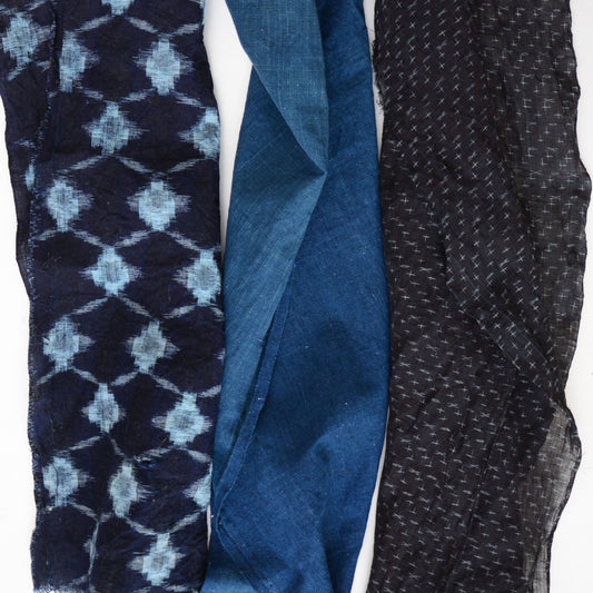 Japanese Fabric Scraps Cotton & Linen Kasuri Pattern Indigo etc Vintage Set of 3 B2