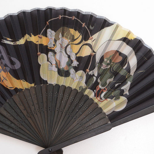 Japanese folding fan with Fujin Raijin design