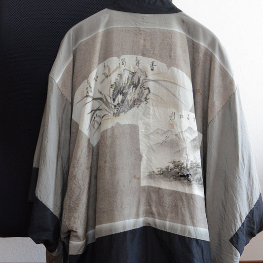 Black Haori Jacket Kimono Long Japanese Vintage Montsuki Nihonga Art