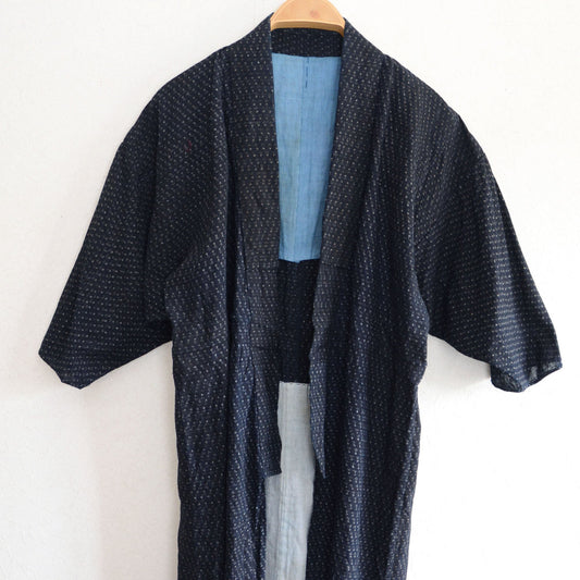 Kasuri Fabric Indigo Kimono Robe Long Cotton Japan Vintage