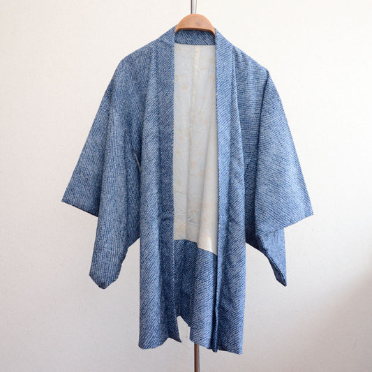 Vintage Japanese shibori haori jacket in blue with haori ties, late Showa era