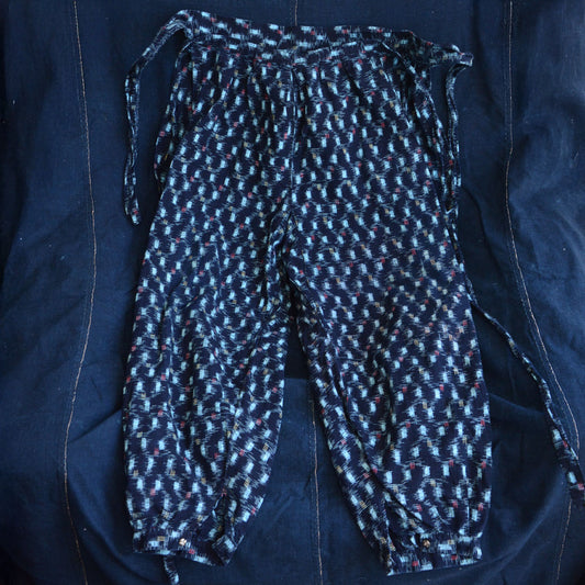 Monpe pants made from indigo-dyed kasuri cotton fabric from mid-Showa Japan