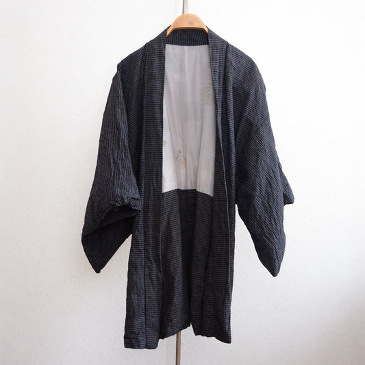 Vintage Japanese men's haori jacket with plaid cotton fabric
