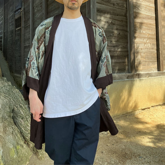 Japanese Vintage Men’s Haori｜Herringbone Kimono Jacket with Stylish Lining｜Showa Era 1970s-80s