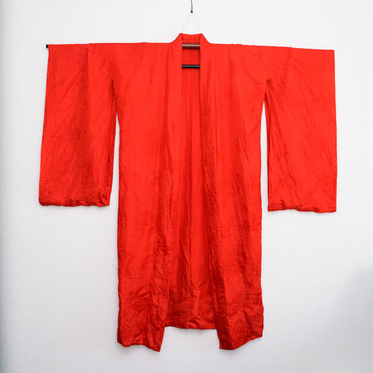 Vintage red juban kimono with floral and crane patterns
