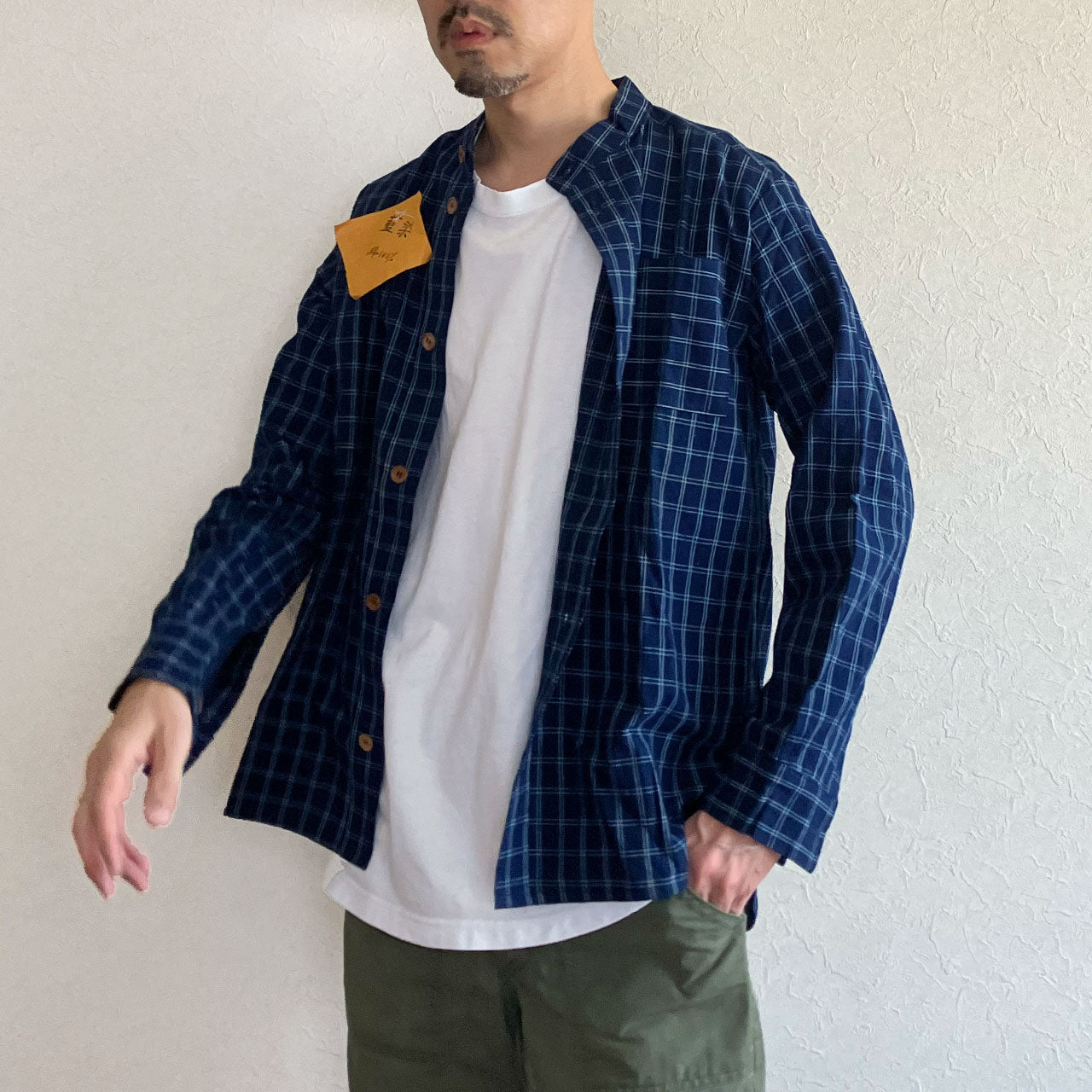 Handmade Japanese indigo check shirt with band collar