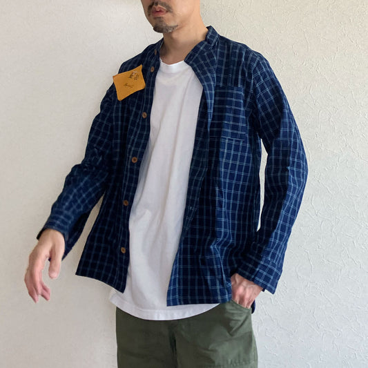 Handmade Japanese indigo check shirt with band collar