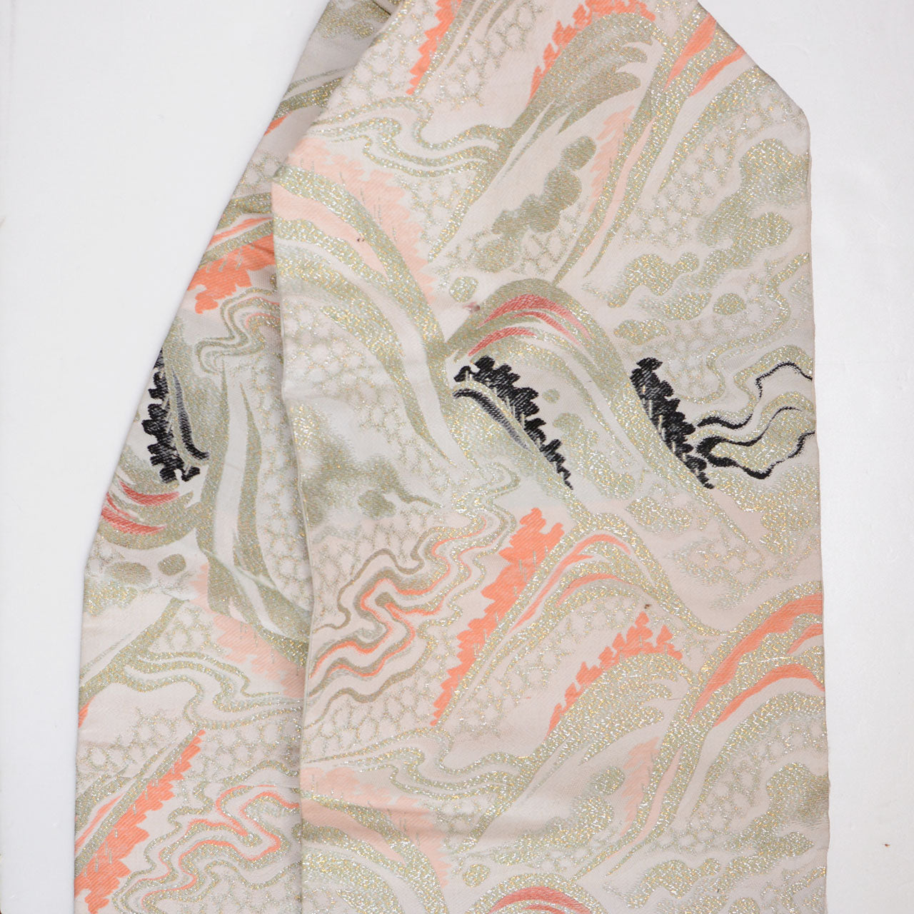 Antique Japanese Nagoya obi belt with wave and flowing water inspired geometric pattern from the Showa era