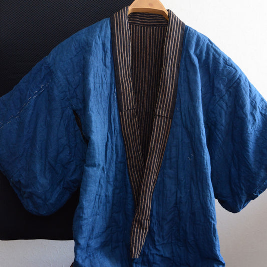 Vintage Japanese hanten padded kimono robe with indigo cotton fabric and shima stripe pattern