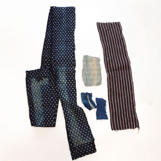 Vintage Japanese indigo fabric scraps set with striped and kasuri patterns for sewing and quilting