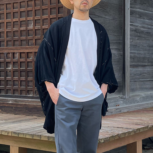 Showa Era Japanese Vintage Men's Haori Black with Karajishi Lining Tailor's Thread Accent