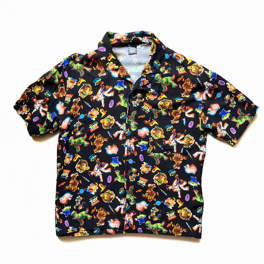 Disney Pixar Toy Story aloha shirt in black with all over character print, rayon, size M, Japan market