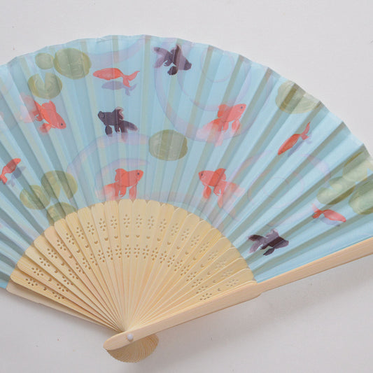 Japanese folding fan with goldfish and demekin design