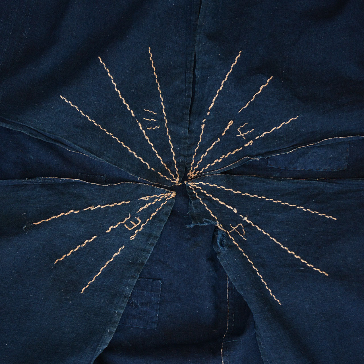 Vintage Japanese boro furoshiki with indigo dye and visible sashiko stitching