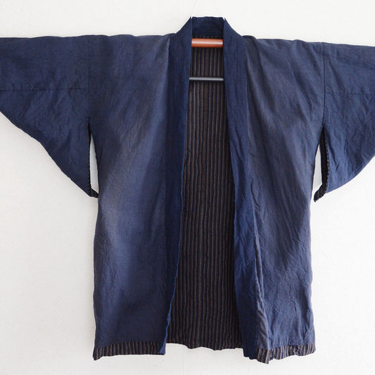 Noragi Jacket Indigo Collar Kimono Japanese Fabric Cotton Vintage Faded Stripe Pattern
