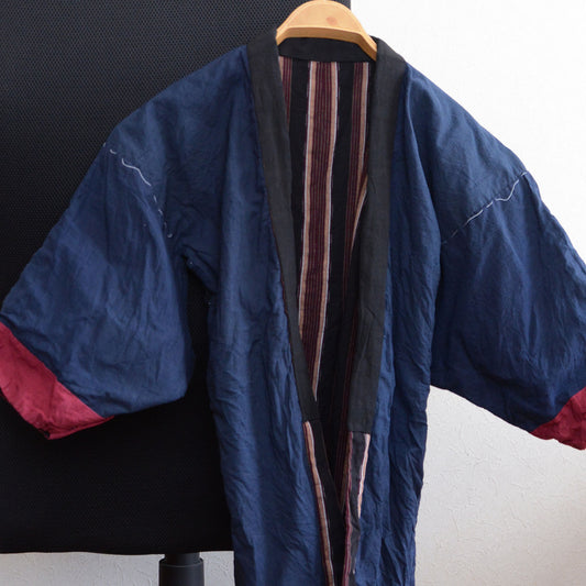 Noragi Black Stripe Pattern Antique Kimono Jacket Japanese Fabric Cotton Vintage