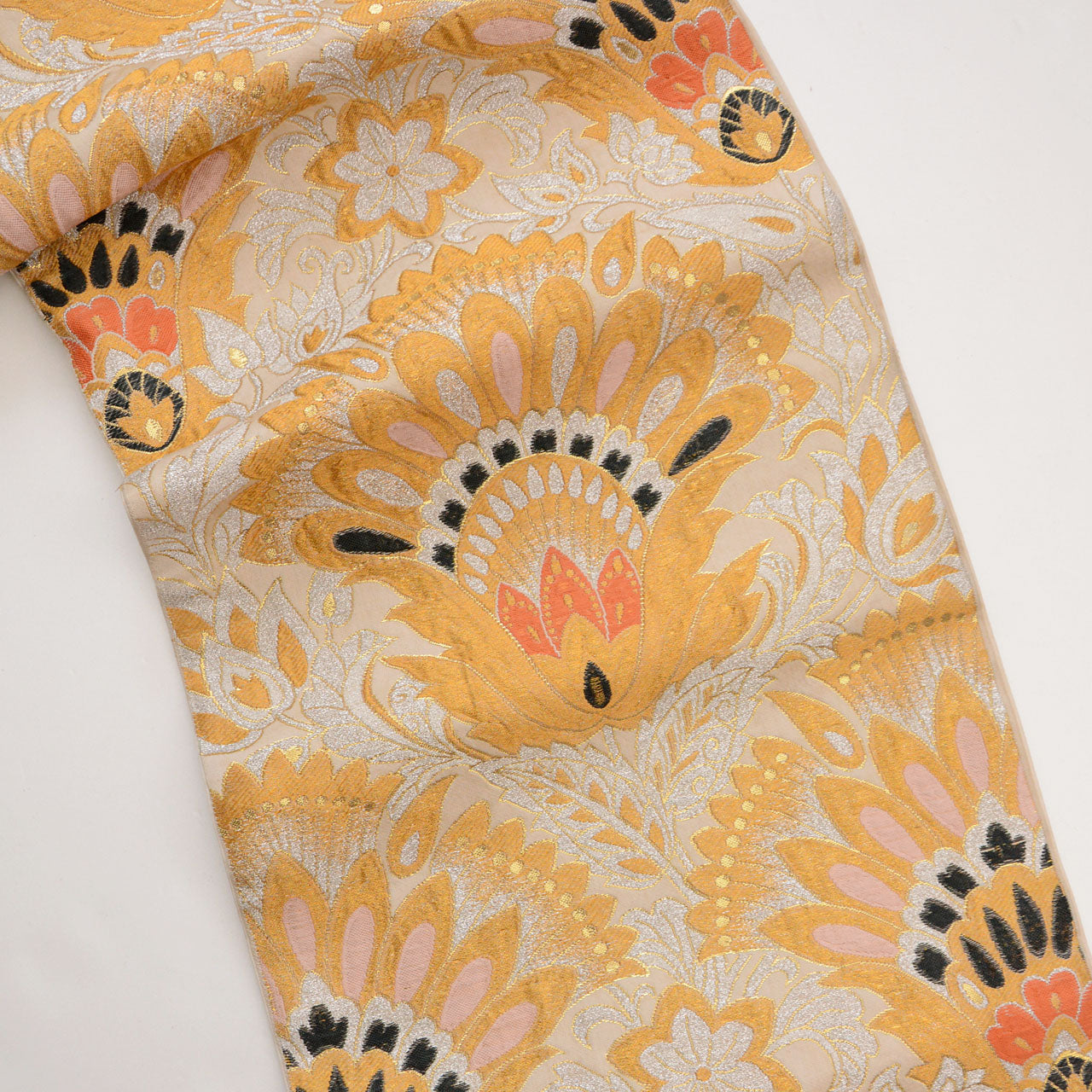 Japanese vintage fukuro obi belt with floral pattern woven using gold and silver threads