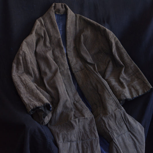 Vintage Japanese Indigo Cotton Kimono with Stripe Pattern