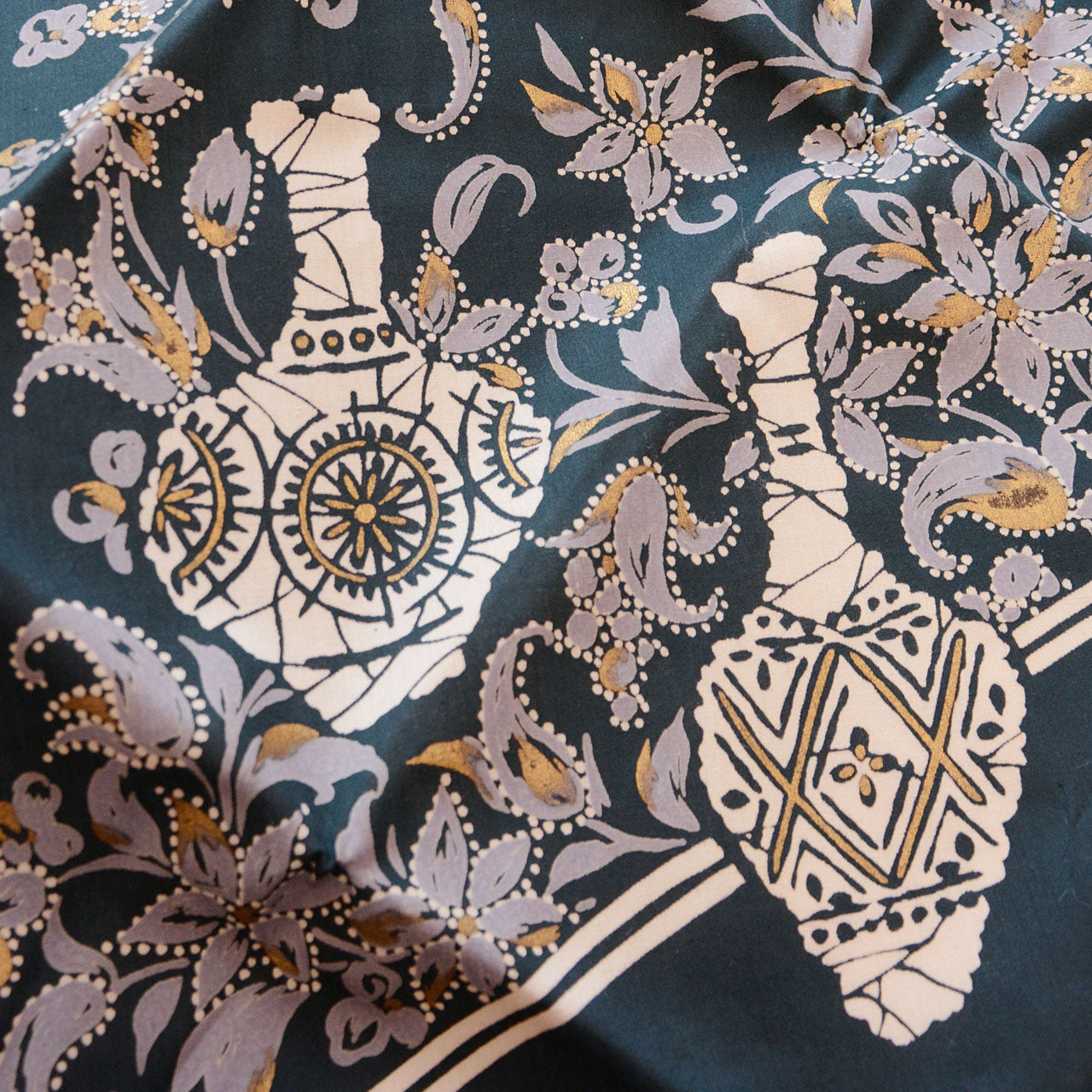 Vintage Japanese cotton furoshiki with bottle and floral design, late Showa period