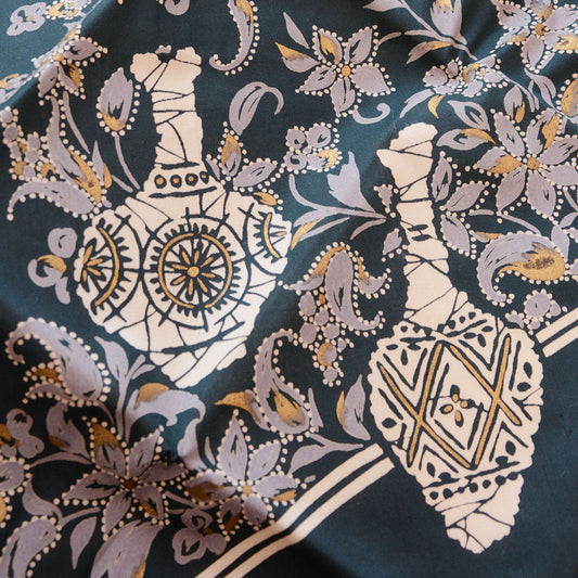 Vintage Japanese cotton furoshiki with bottle and floral design, late Showa period