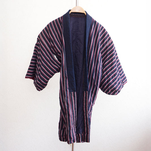 vintage japanese noragi jacket with indigo-dyed collar and striped cotton fabric