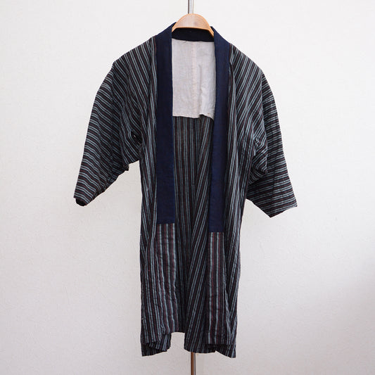Vintage Japanese Noragi Jacket with Indigo Collar and Cotton Body