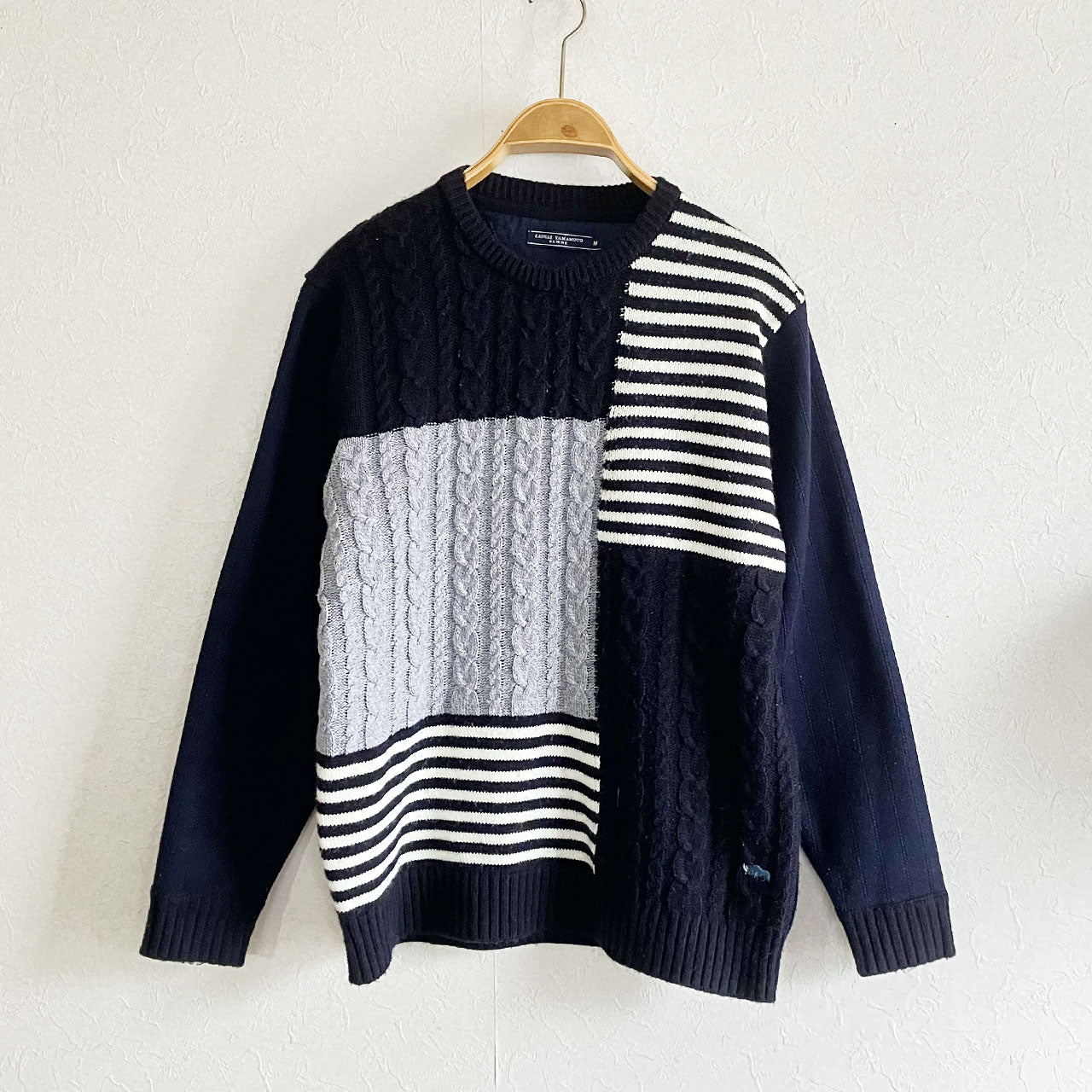 Kansai Yamamoto Homme patchwork cable knit sweater in size M