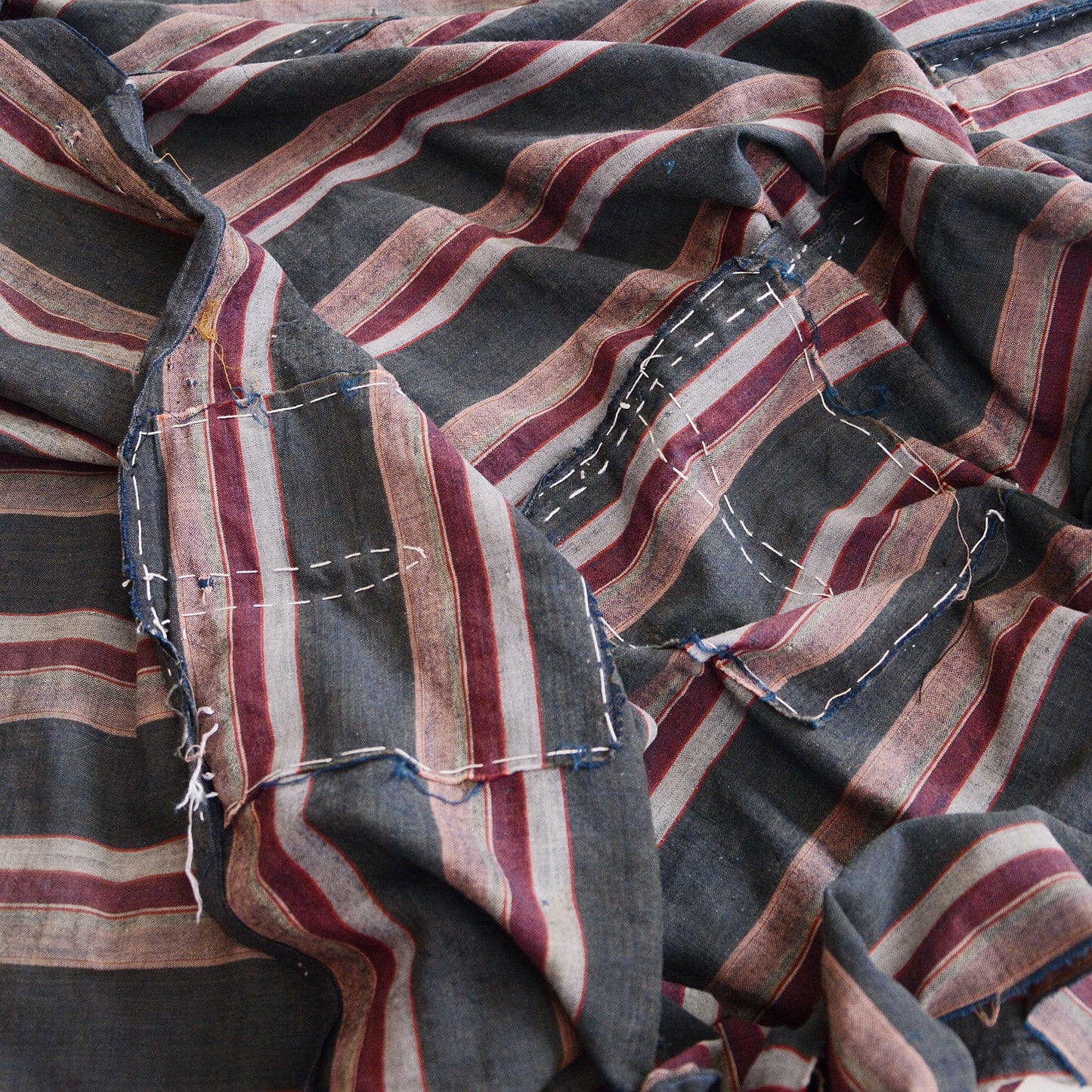 Boro Fabric Japan Vintage Cotton Indigo Stripe Pattern Textile Hand Stitching