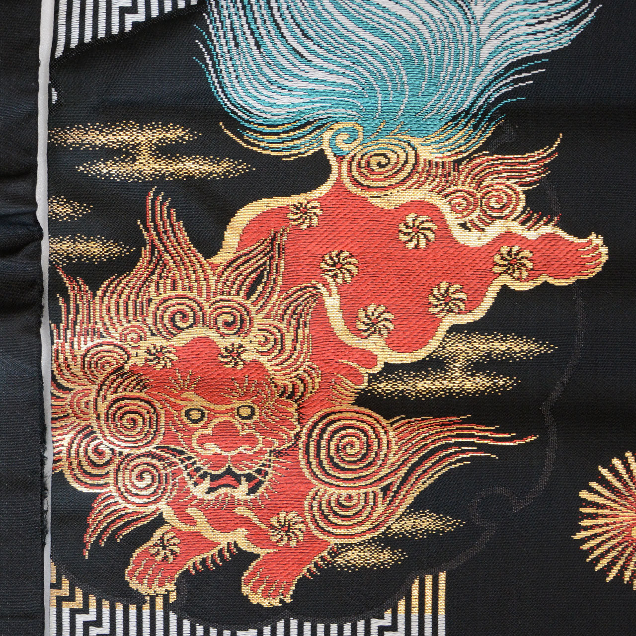 Antique Japanese Nagoya obi textile with karajishi and peony motifs