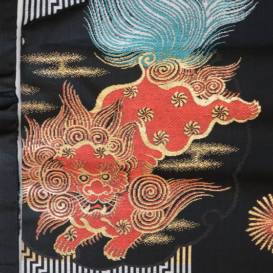 Antique Japanese Nagoya obi textile with karajishi and peony motifs