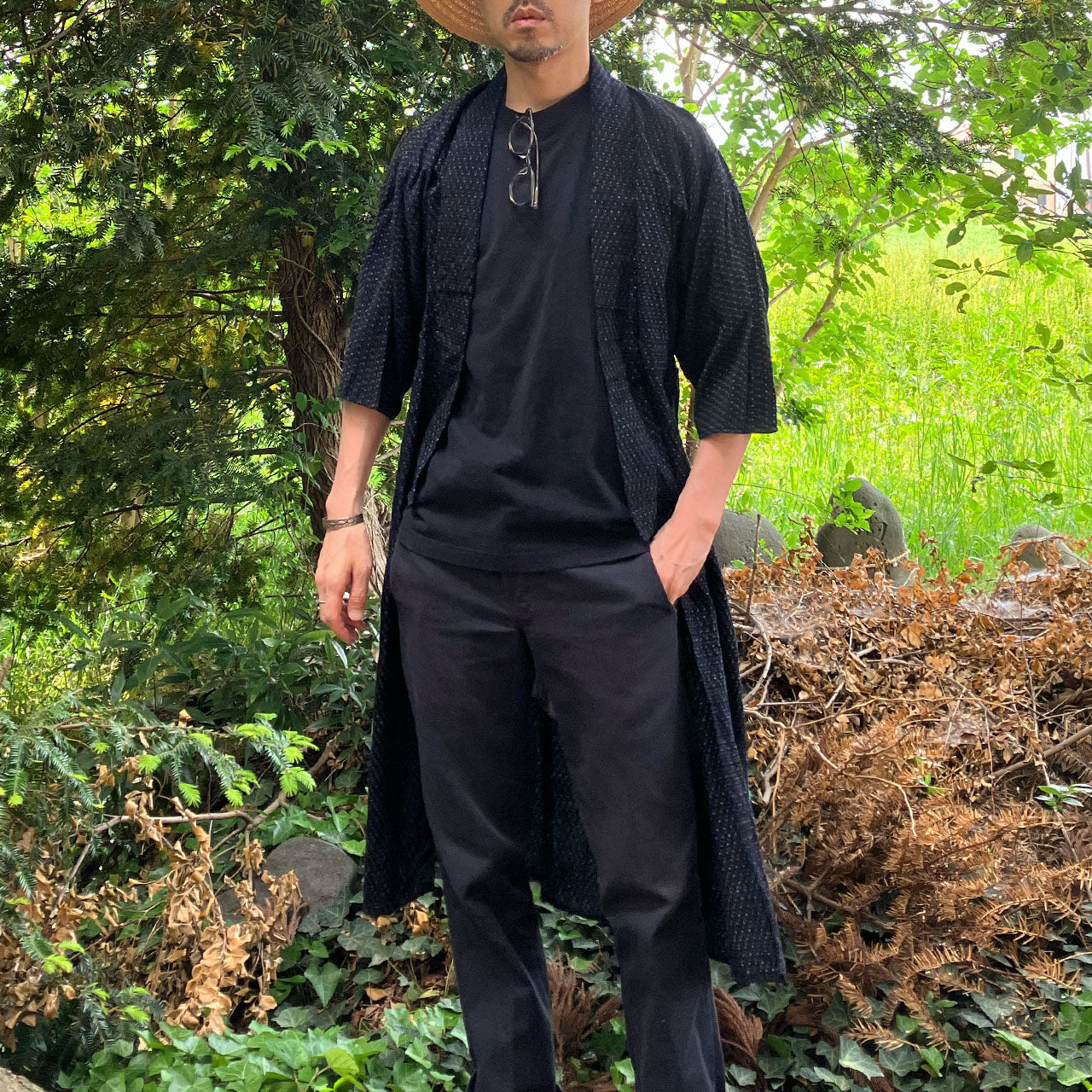 Long indigo kimono with traditional kasuri pattern